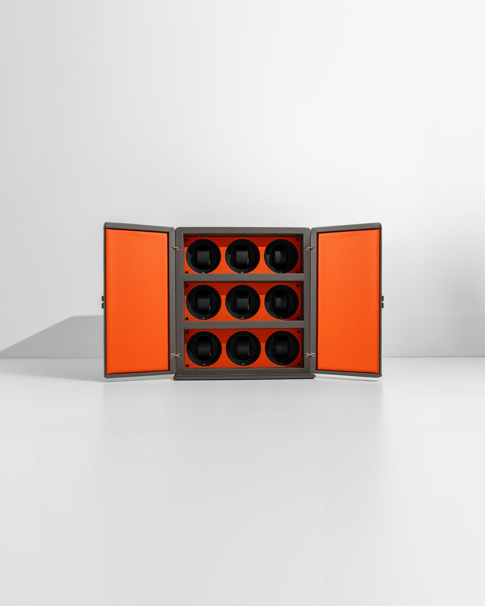 Leather watch winder cabinet: Rotore 9 Orange