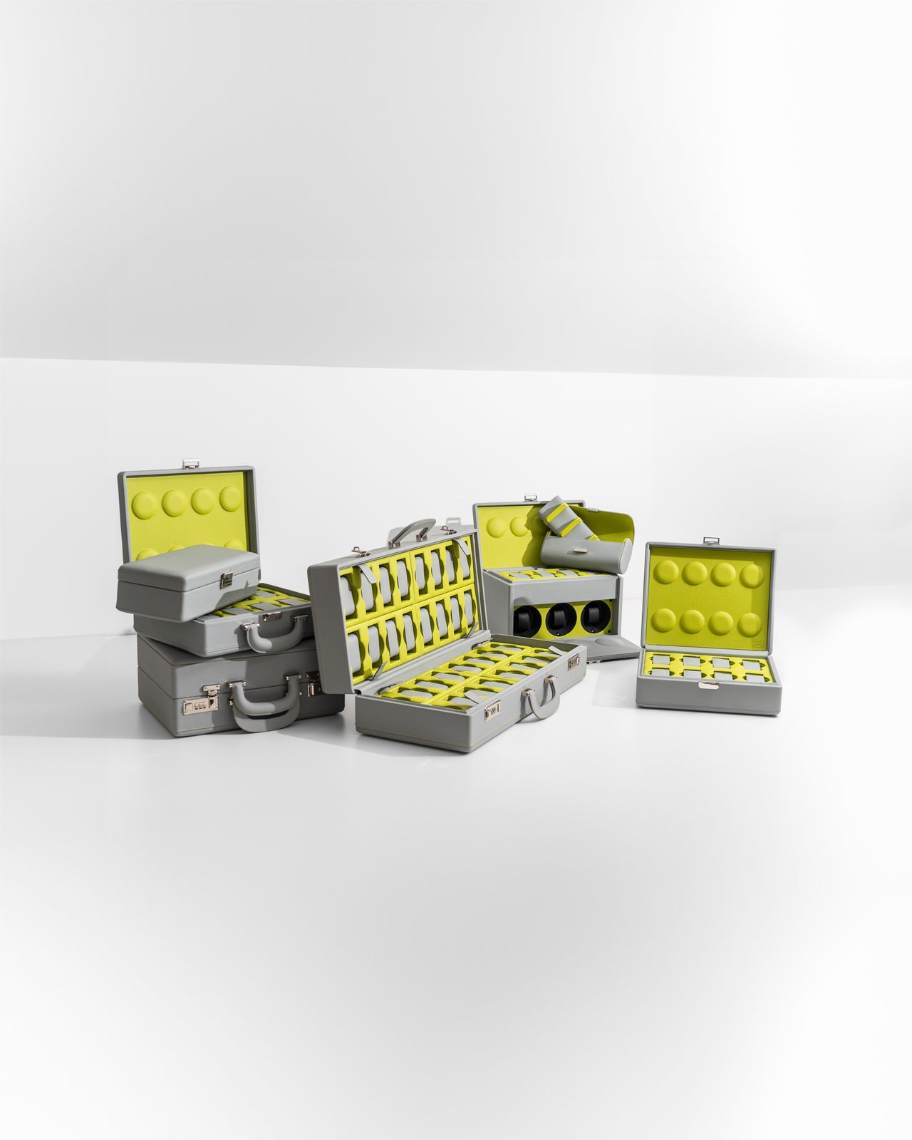 Pearl grey and anise green watch boxes and watch winders