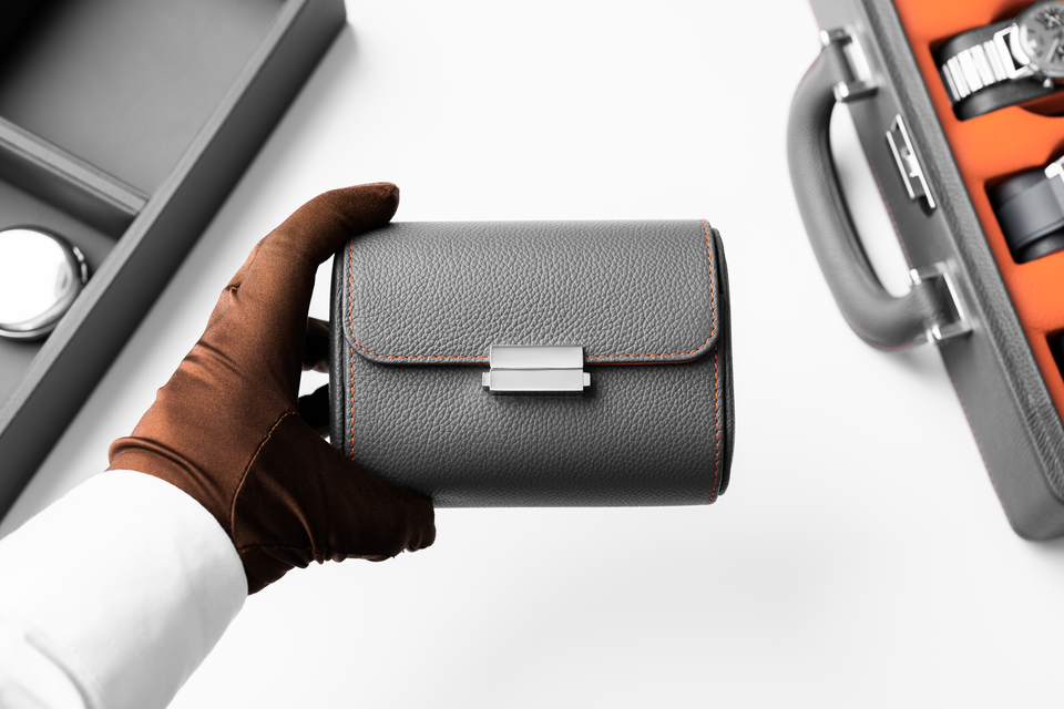 Pochette 2: Slate Grey Orange leather watch roll