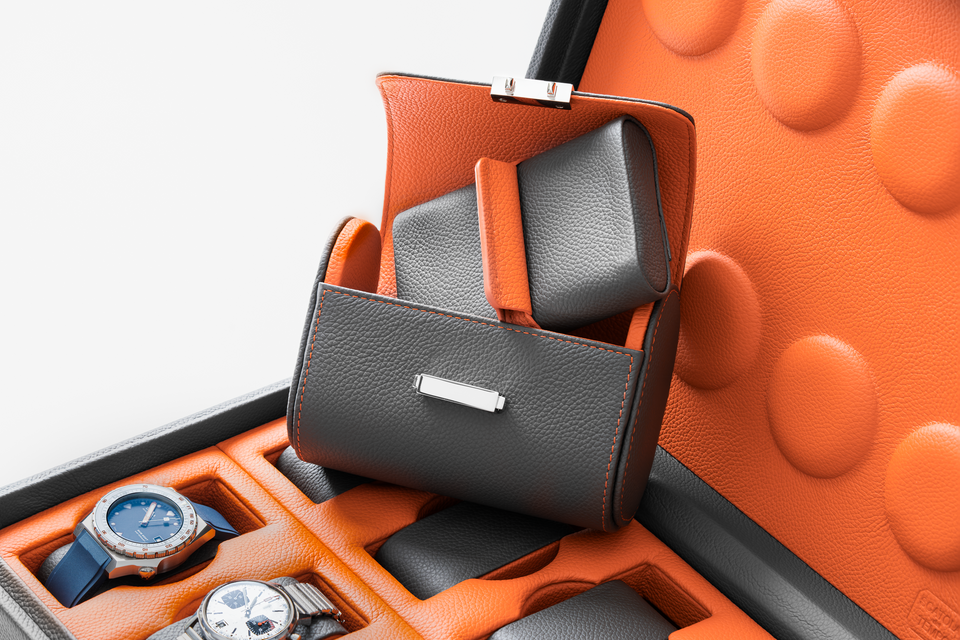 Leather watch roll: Pochette 2 Slate Gray Orange