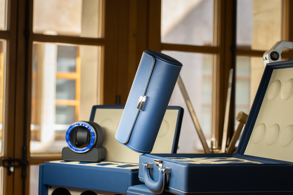 Leather watch roll: Pochette 4 Midnight Blue Cream