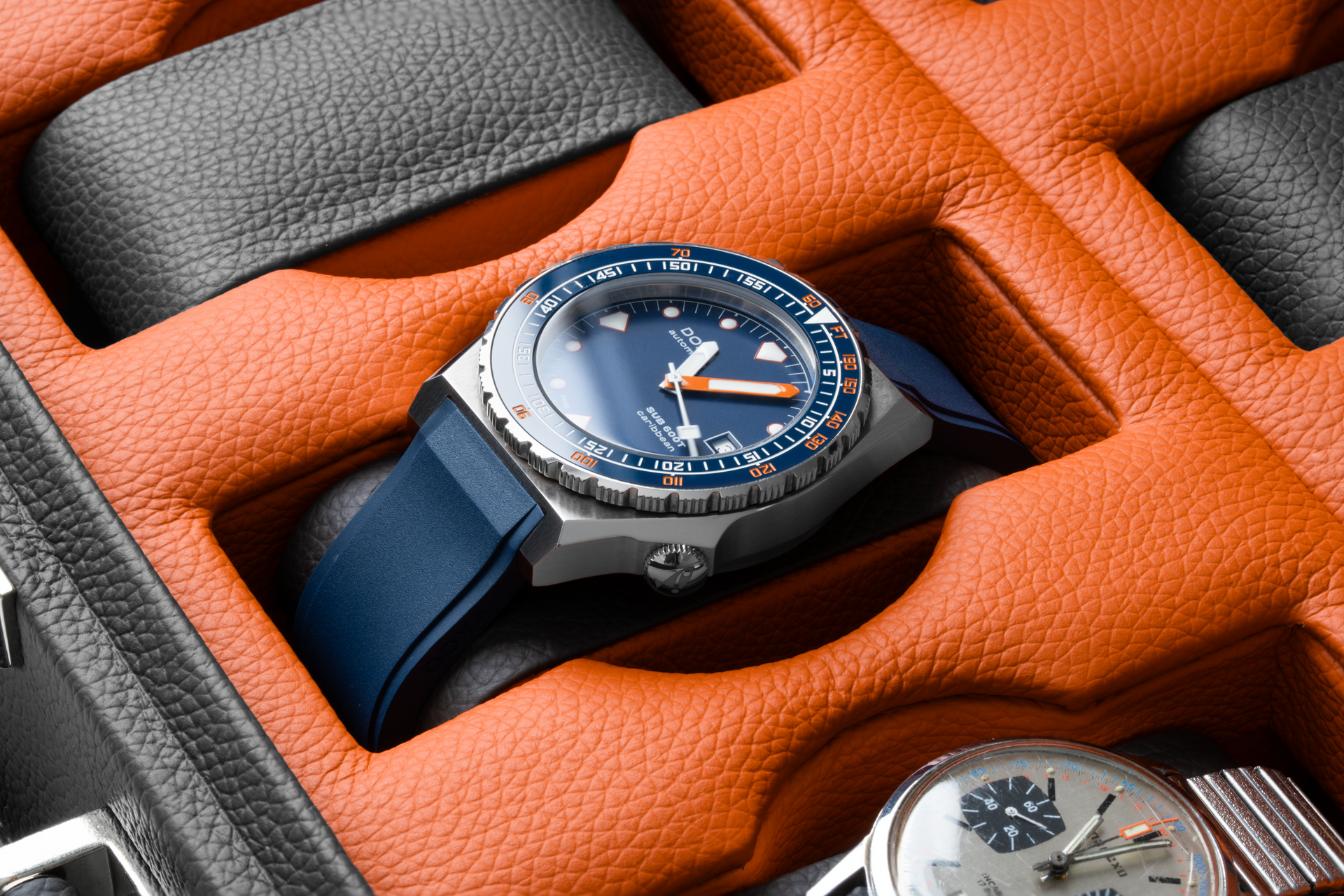 Leather watch box: Viaggio 8 Slate Grey Orange